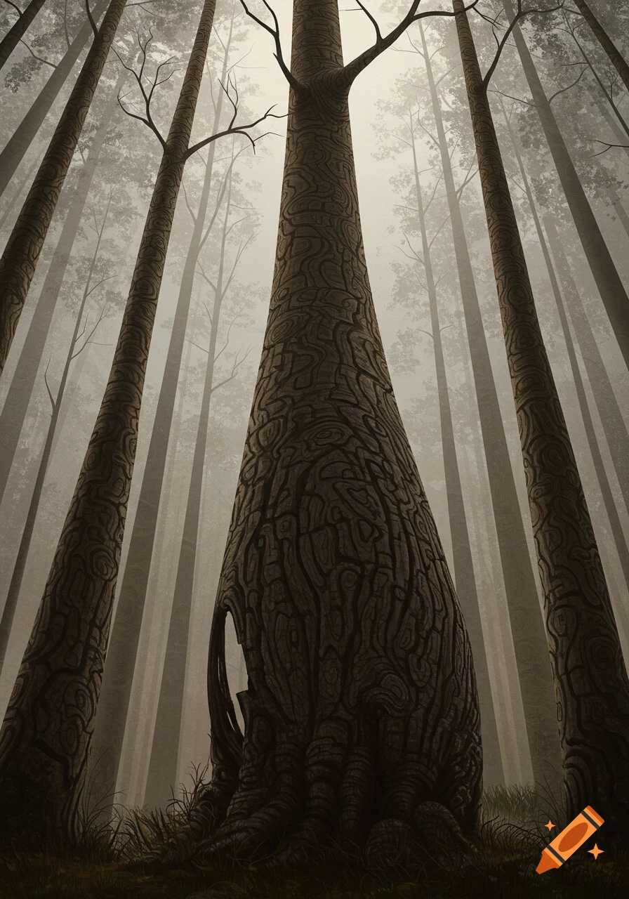 Looking up through tall, stylized trees in a misty forest.