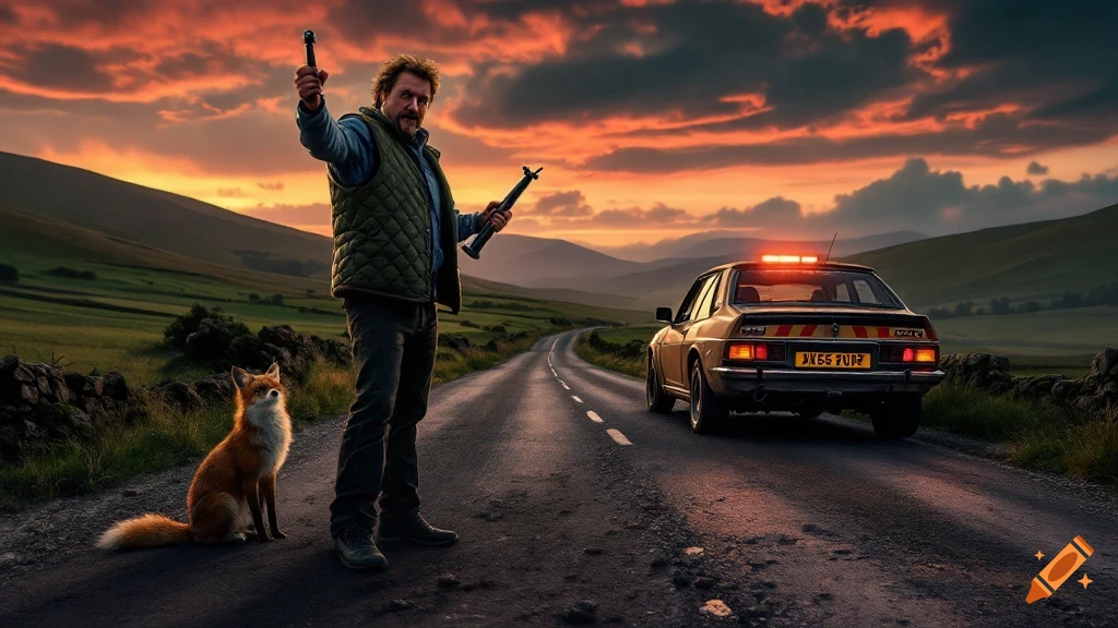A man with a jack and a fox stand on a rural road at sunset next to a battered car with hazard lights.