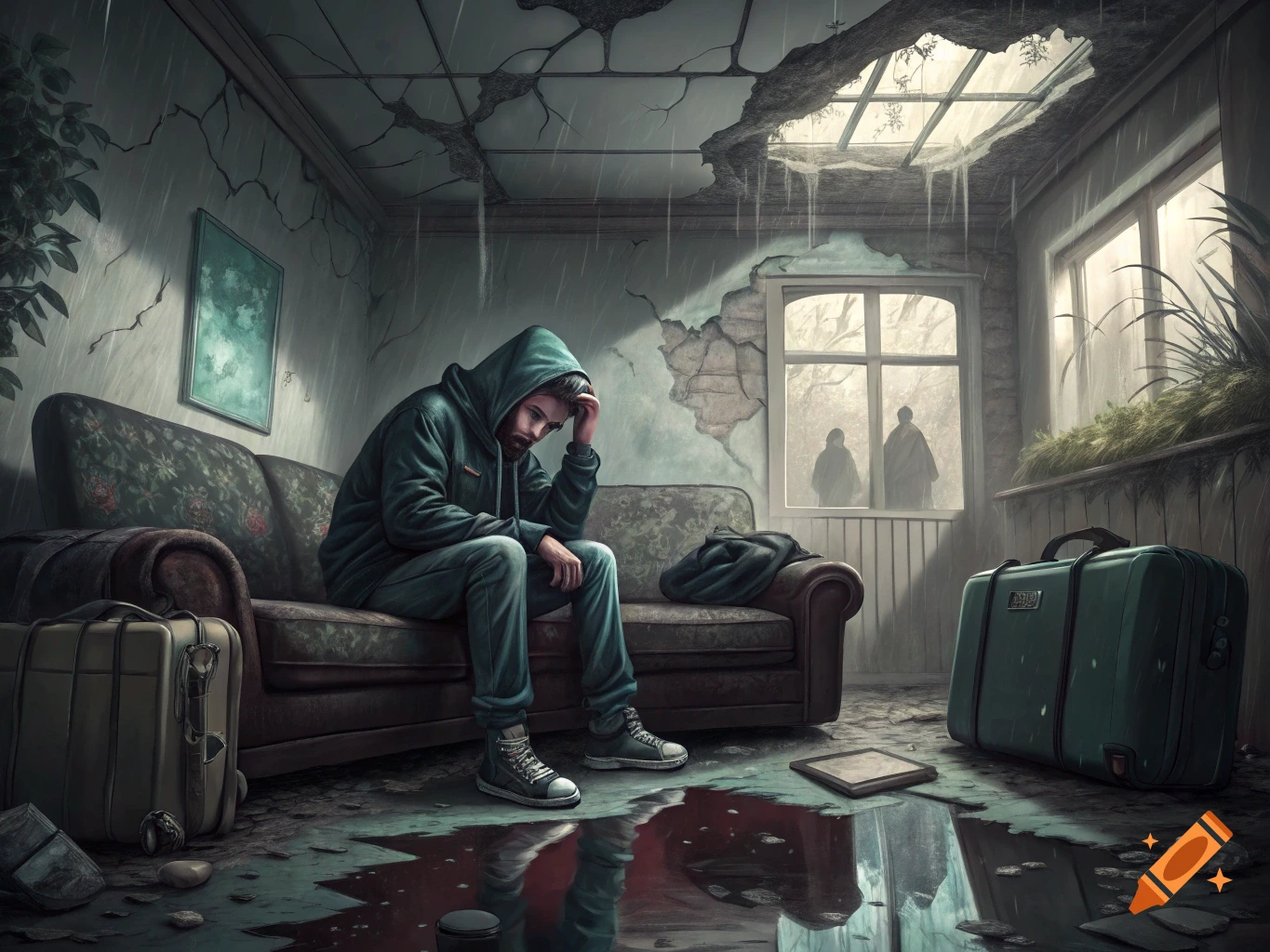 Man sits slumped on a sofa in a decaying room with rain leaking from the ceiling.