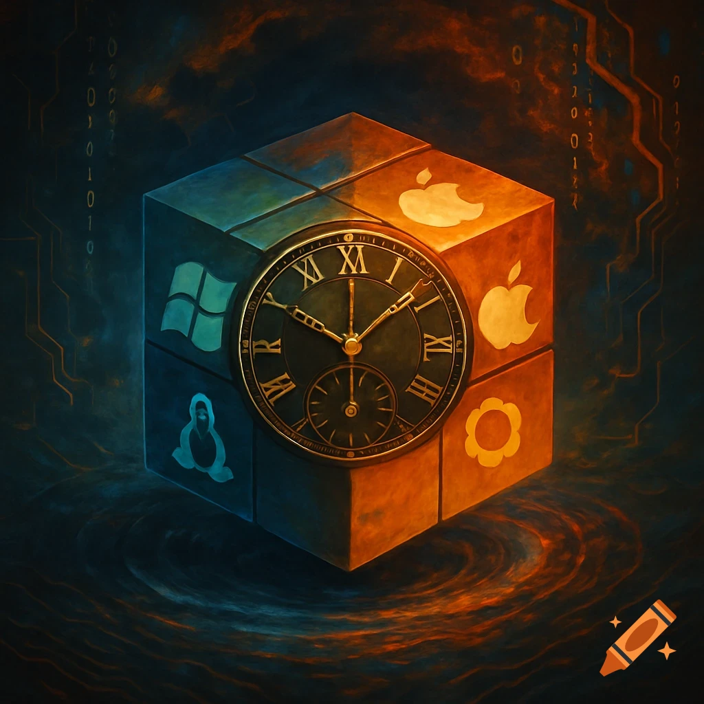 An abstract glowing cube featuring operating system logos and a clock face over swirling patterns.