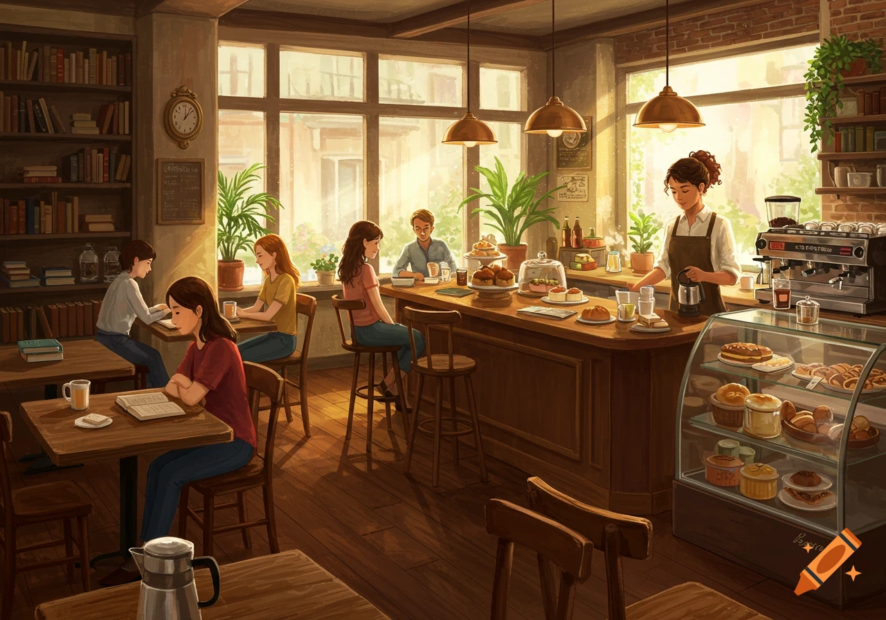 An illustration of a cozy coffee shop interior with people reading and working, and a barista behind the counter.