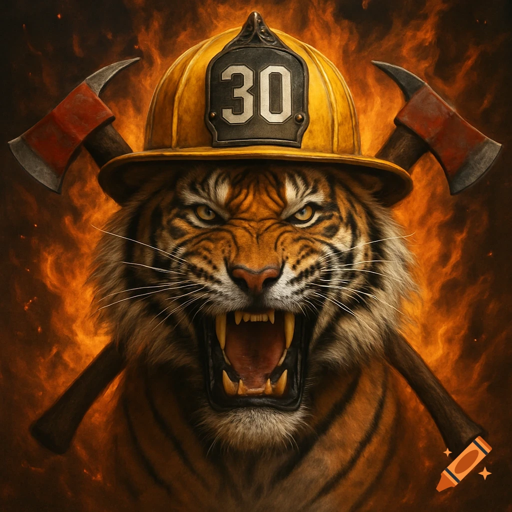 A roaring tiger wears a firefighter helmet with '30', crossed axes, and flames.
