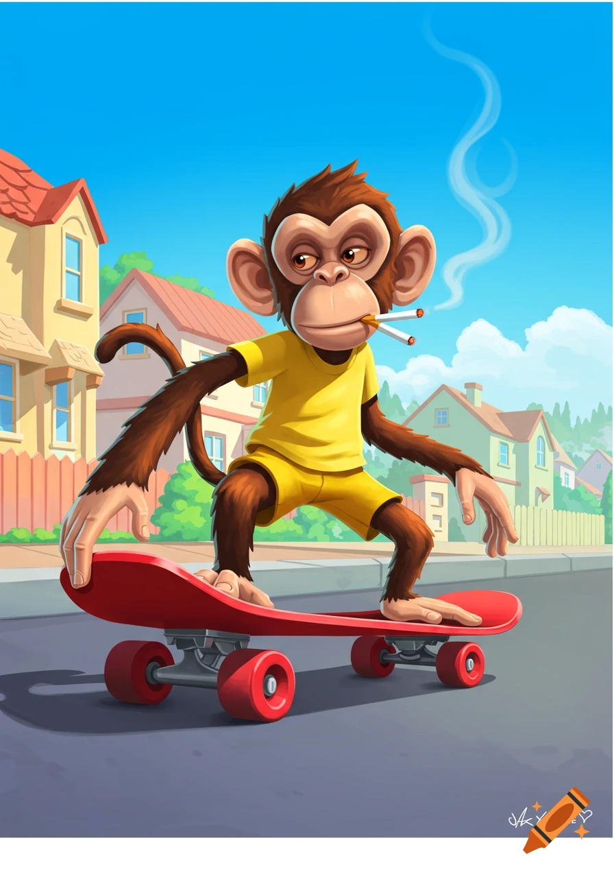 A cartoon monkey in a yellow shirt and shorts rides a skateboard and smokes a cigarette in a suburban neighborhood.