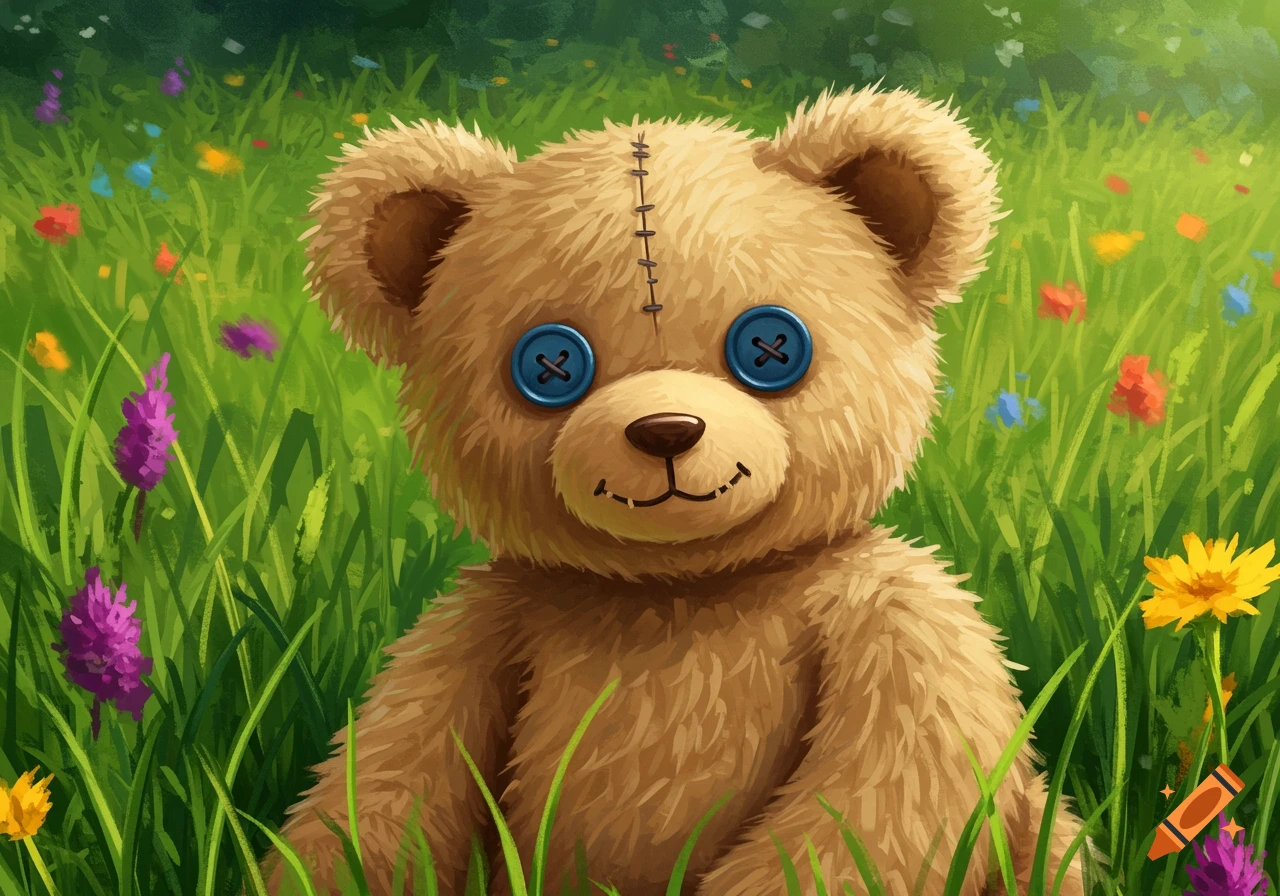 Illustration of a stitched teddy bear with button eyes sitting in a grassy field with colorful flowers.