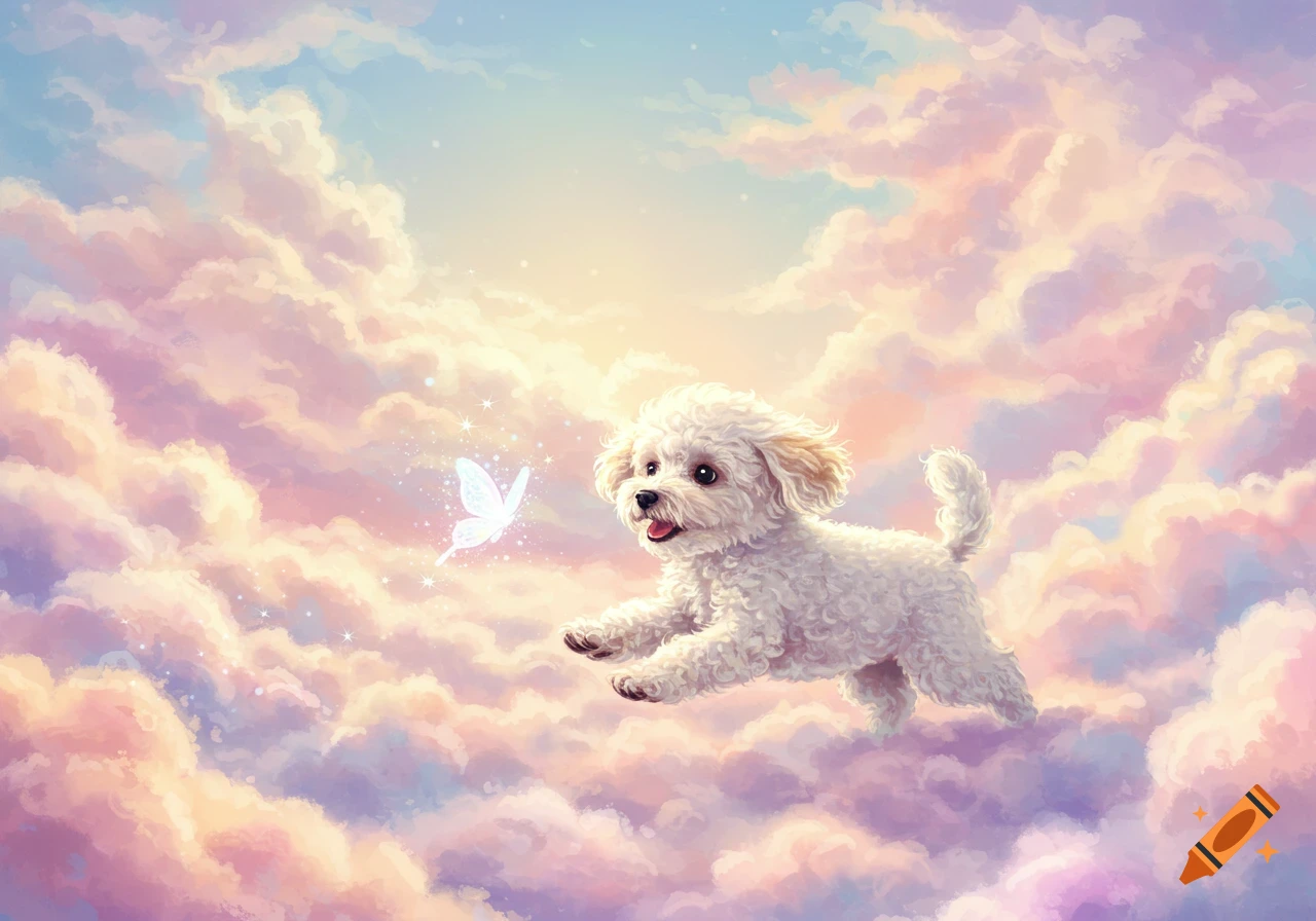 A cute white curly-haired puppy flies through pastel pink and blue clouds with a glowing white butterfly.