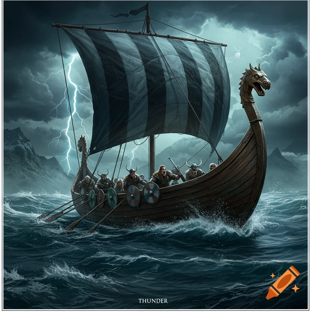 Viking longboat with warriors sailing through a stormy sea with lightning.