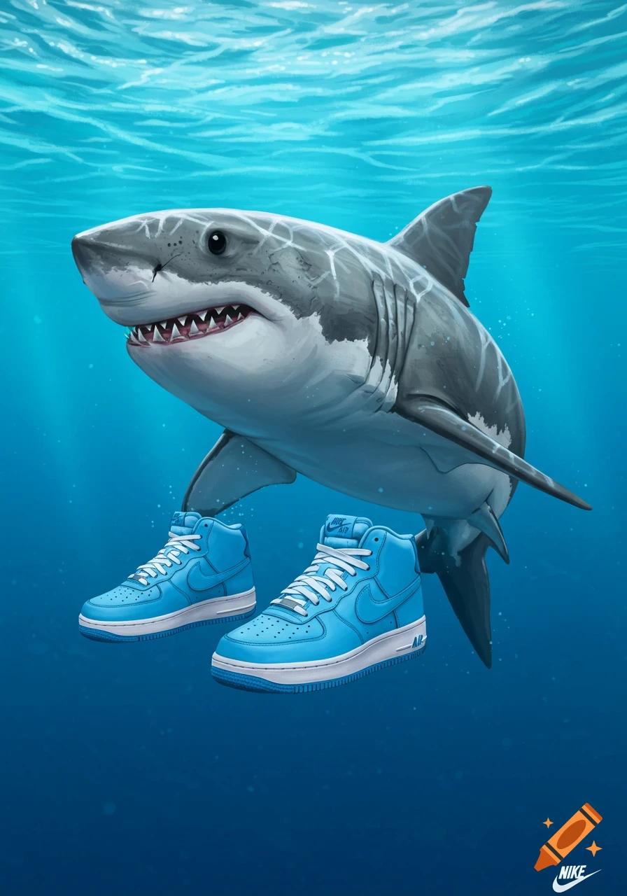 An underwater shark wearing blue Nike sneakers.