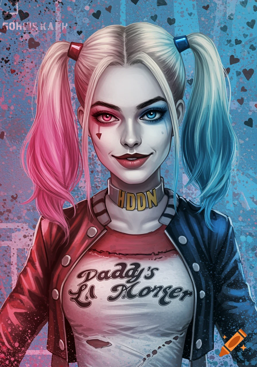 Stylized illustration of Harley Quinn with pink and blue ponytails, wearing a jacket and shirt with text.