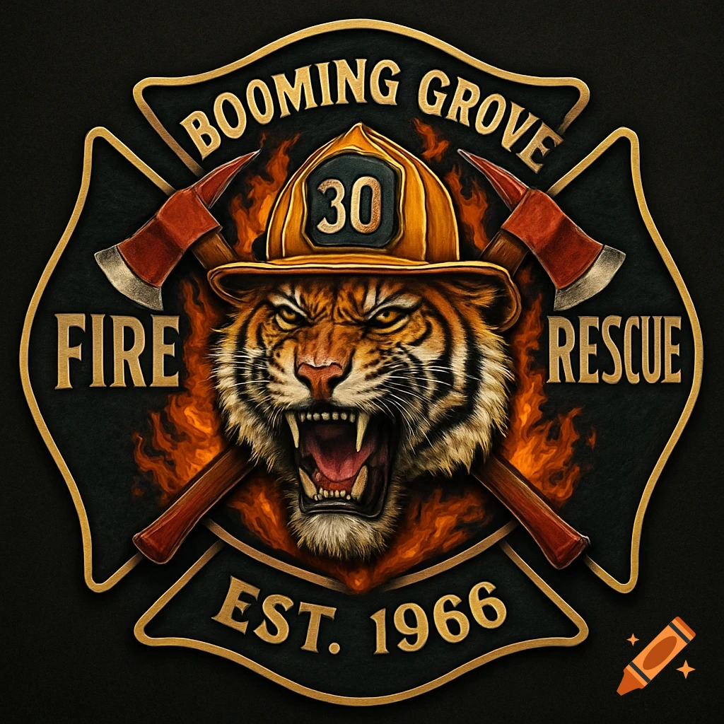 Logo for Booming Grove Fire Rescue with a tiger in a firefighter helmet, crossed axes, flames, and text on a Maltese cross.