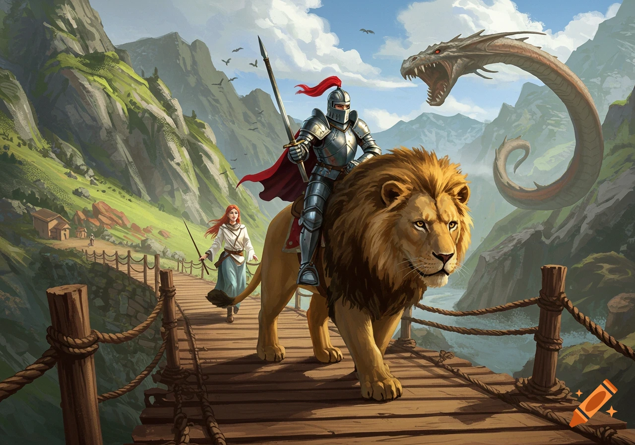 A knight rides a lion across a wooden bridge, near a girl and a serpent-like dragon, in a mountain valley.