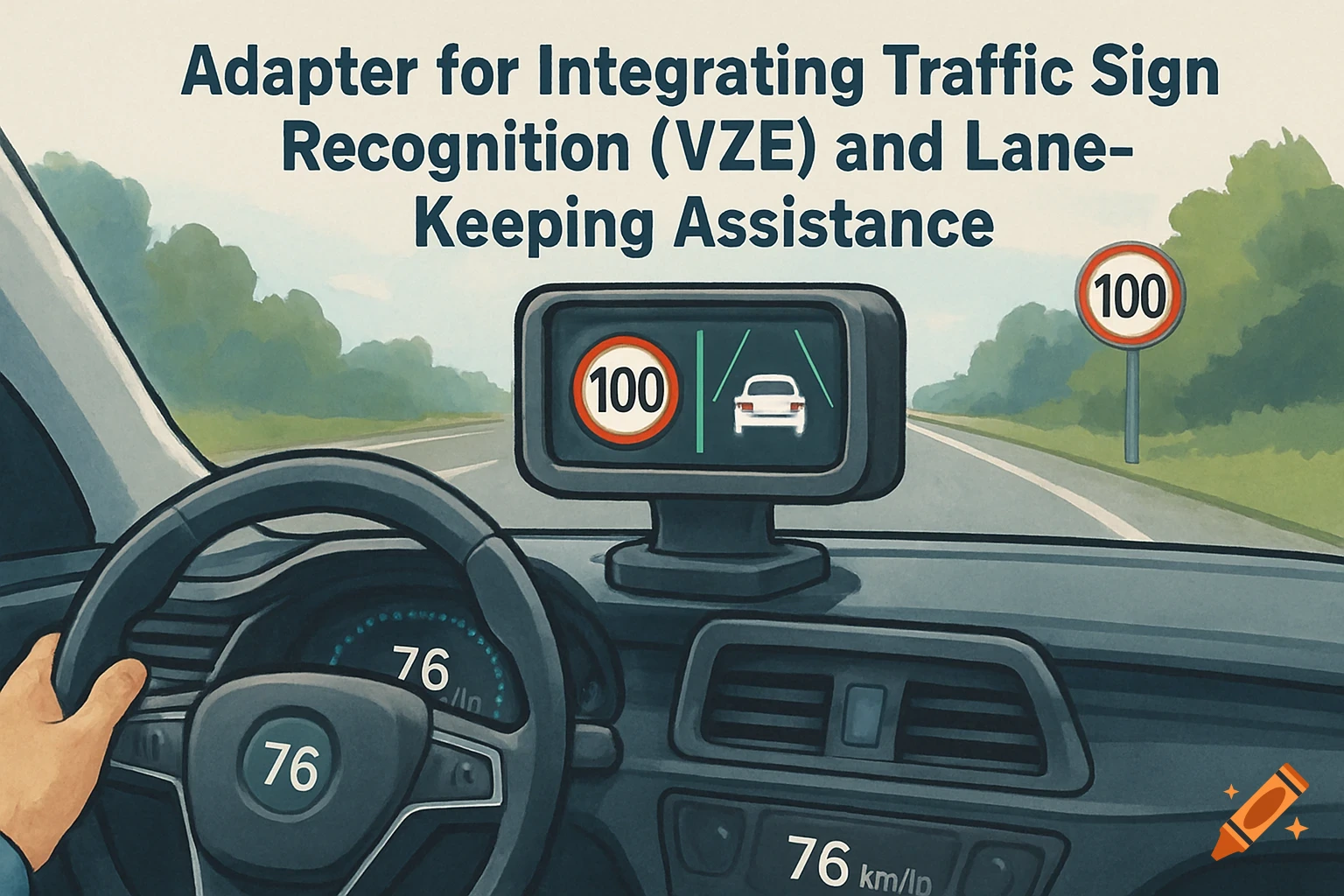 Illustration of a car interior showing a dashboard screen with traffic sign and lane keeping info, and a speed limit sign outside.