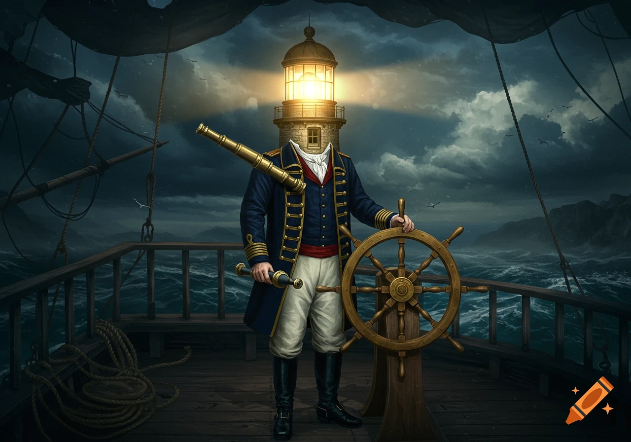 Digital painting of a sea captain with a lighthouse head on a ship deck holding a telescope.