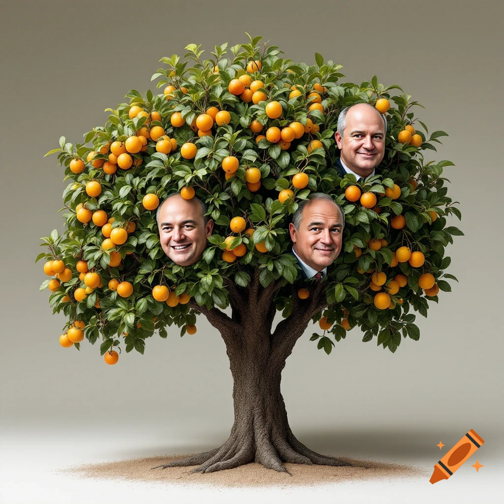 A tree full of oranges, with three human faces mixed in with the fruit.