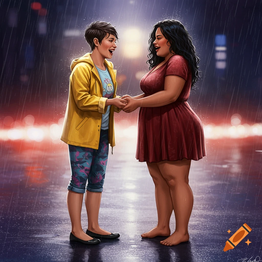 Two happy women hold hands in the rain in a stylized city scene.