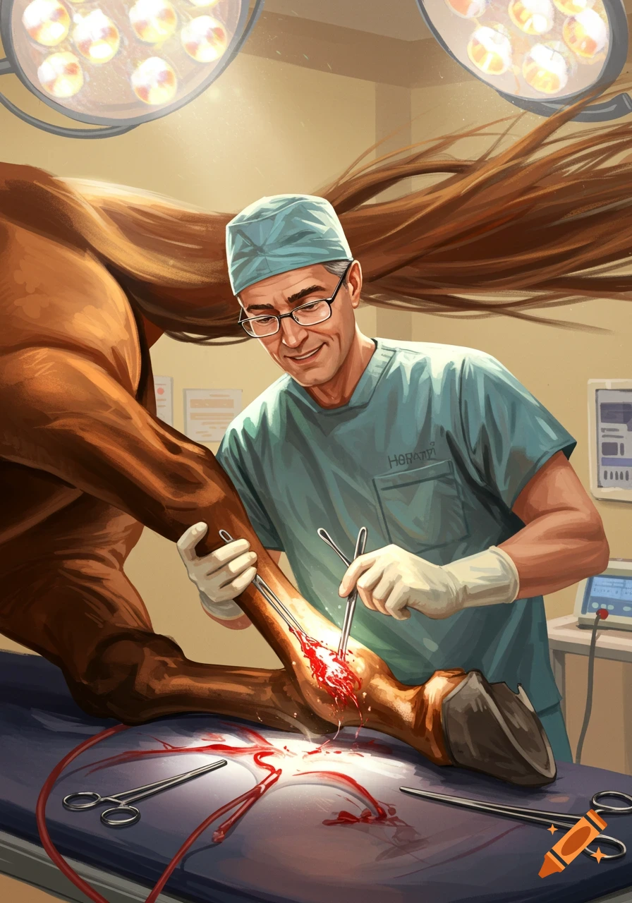 Digital illustration of a surgeon operating on a horse's leg in an operating room.