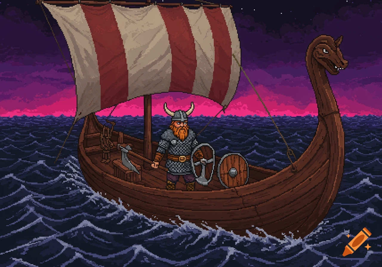 A pixel art image of a Viking standing on a longship at sea under a purple and pink sky.