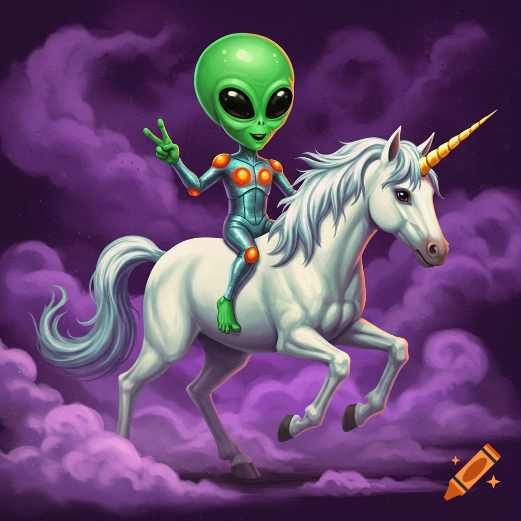 A cartoonish green alien in a metallic suit rides a white unicorn against a purple misty background. The alien makes a peace sign.