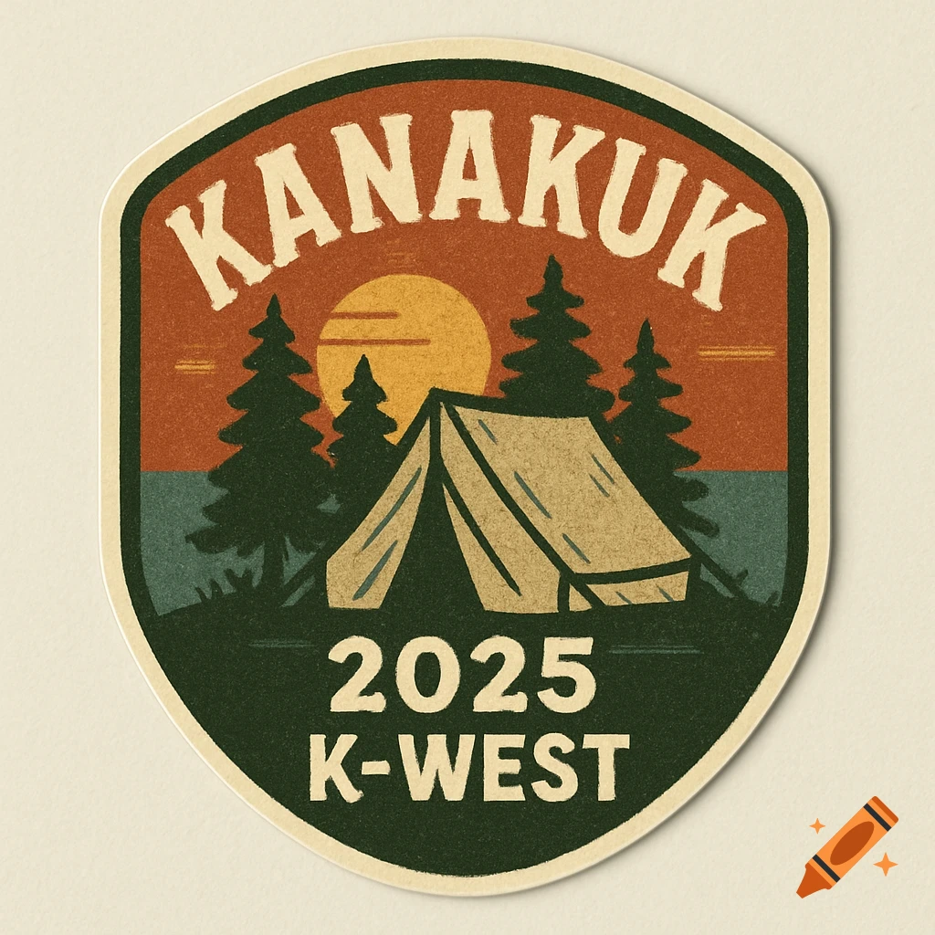 Vintage camping sticker with tent, trees, sun, and text KANAKUK 2025 K-WEST