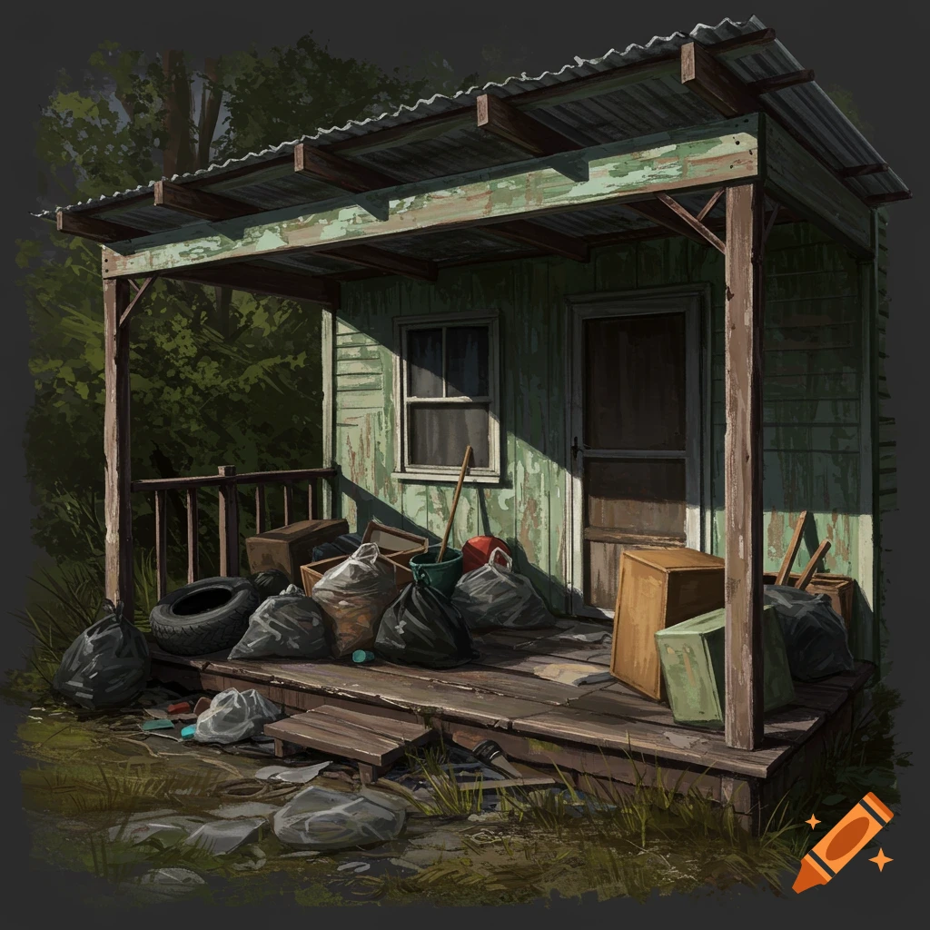 An illustrative painting of a junky, trashed porch with trash bags and debris.