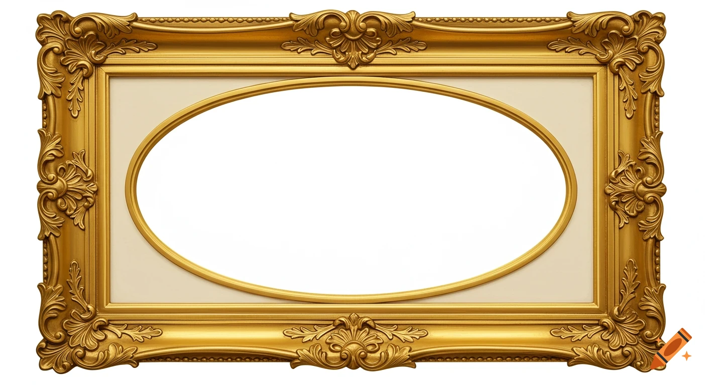 An ornate golden rectangular frame with an oval center on a white background.