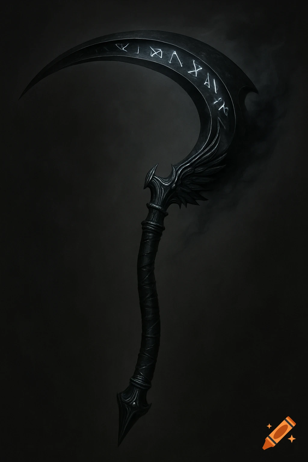 Dark fantasy scythe with glowing runes on the blade and a wrapped grip ...