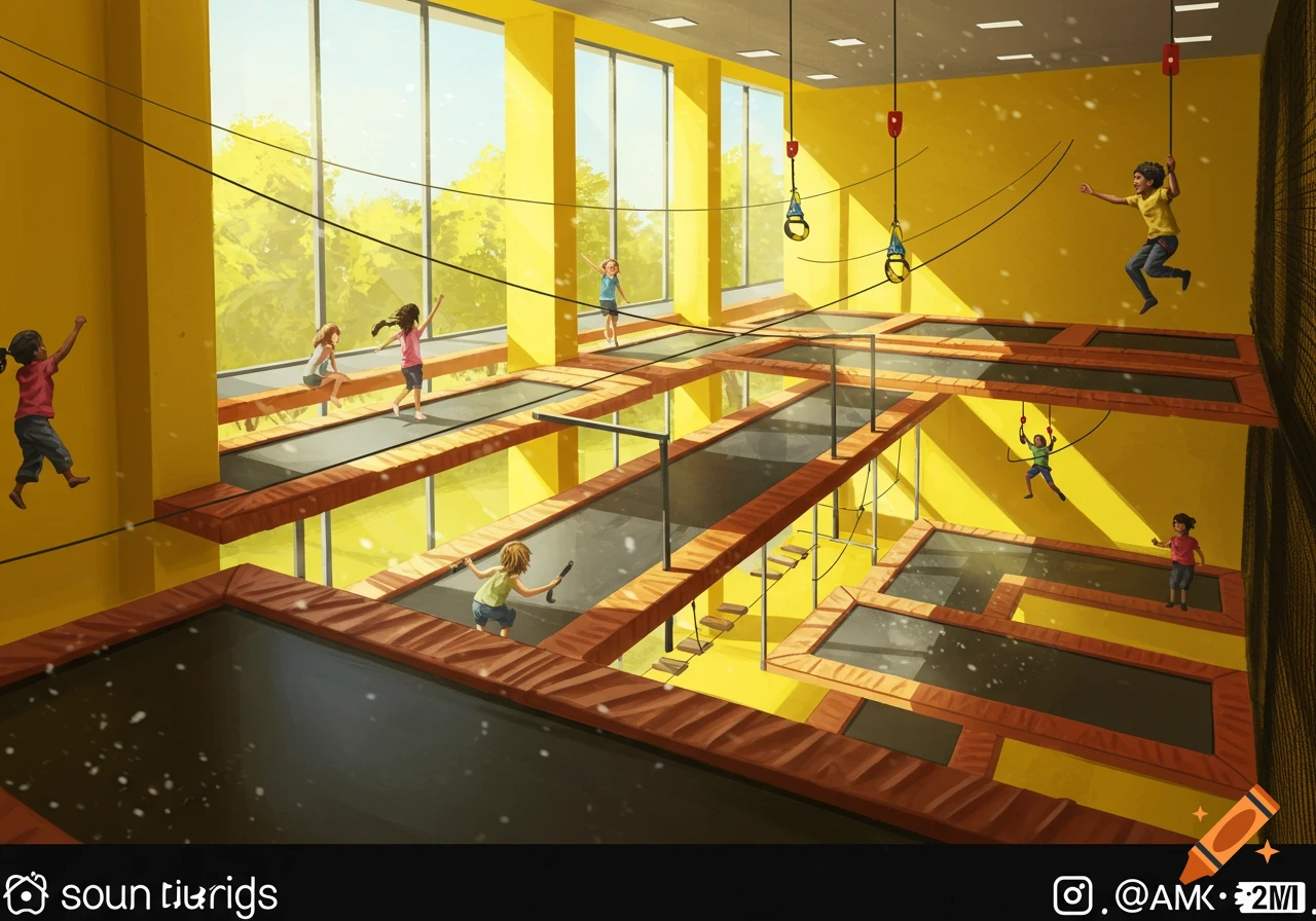 Children play on trampolines and ziplines in a large indoor facility with yellow walls and windows.