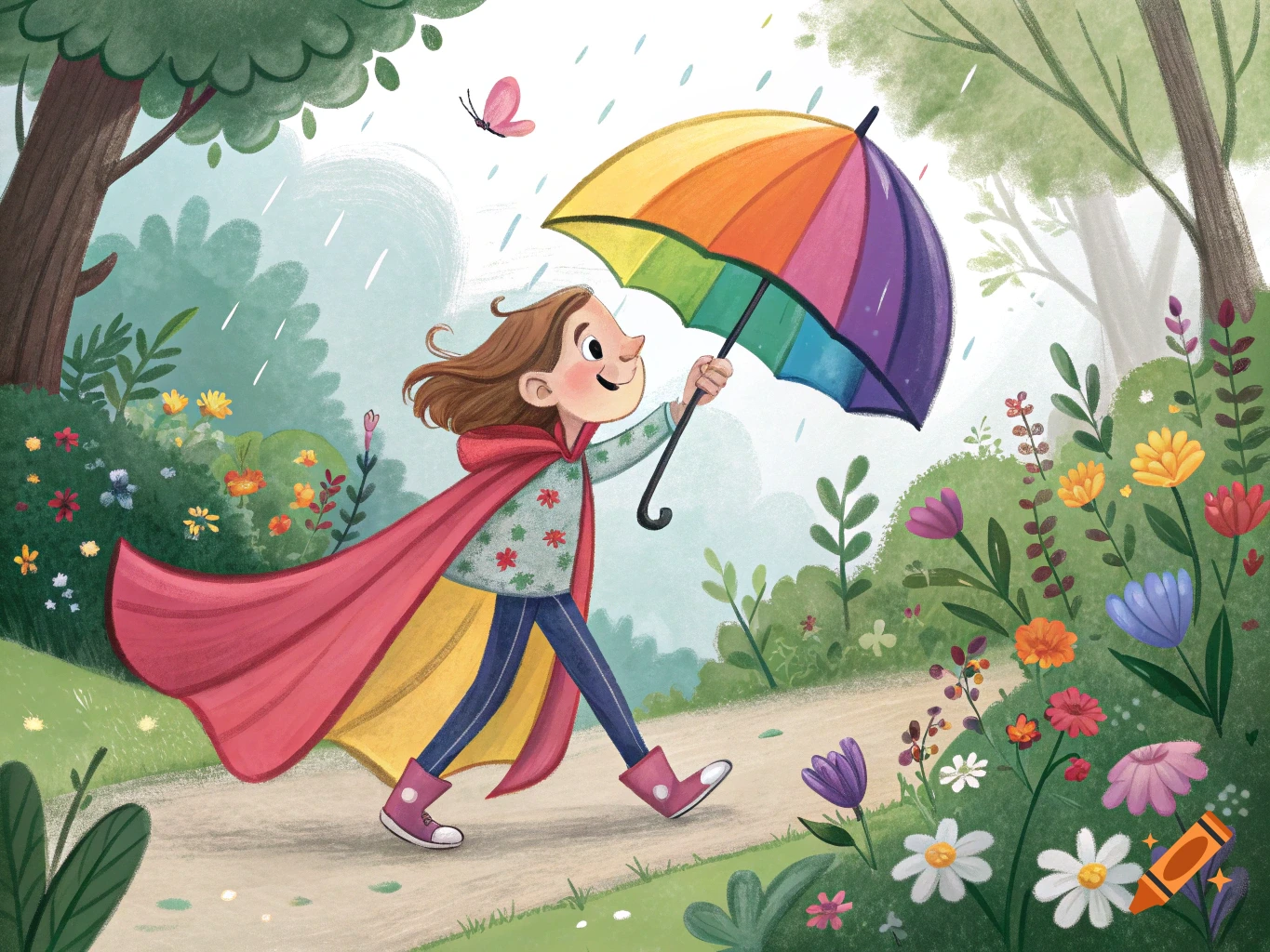 An illustration of a child in a red cape holding a rainbow umbrella, walking in a rainy garden full of flowers.