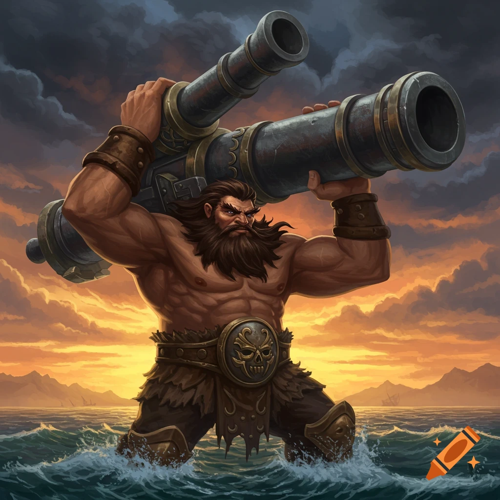 A muscular giant man with a beard stands in the ocean at sunset, holding a massive ship's cannon on his shoulders. Digital painting style.