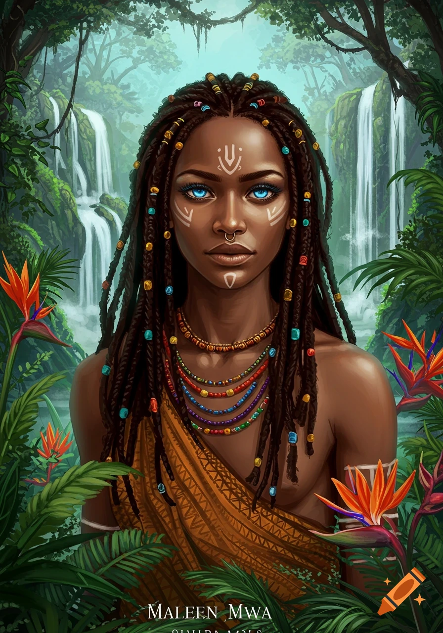 Portrait of a woman with dreadlocks, tribal markings, and bright blue eyes in a lush jungle with waterfalls.