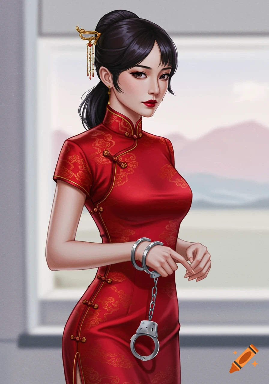 Illustration of a woman in a red qipao holding handcuffs.
