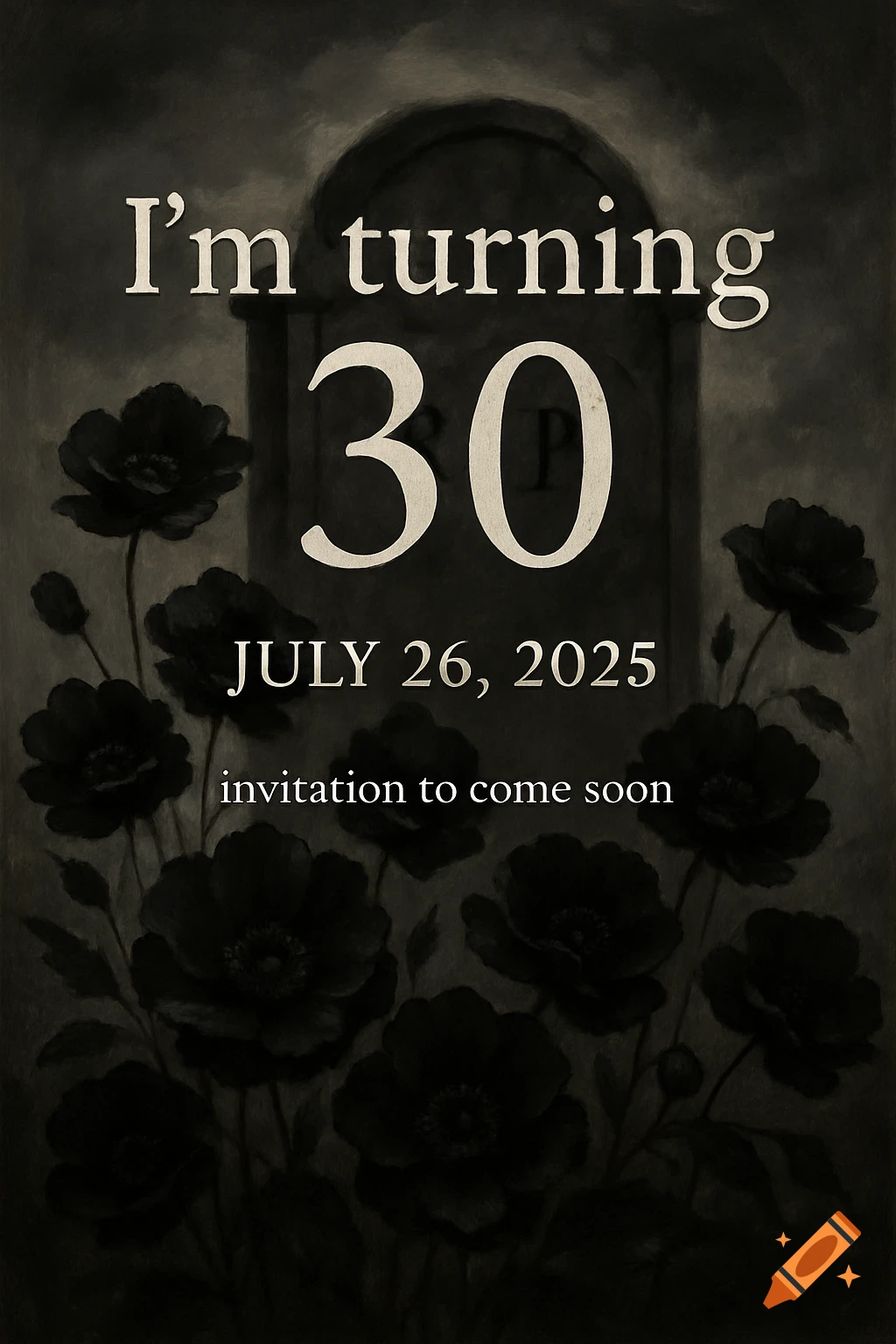 Gothic-style invitation with a tombstone, dark flowers, and text announcing a 30th birthday on July 26, 2025.