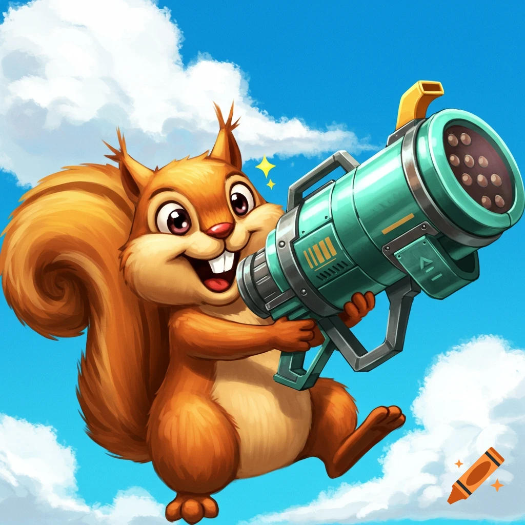 A happy cartoon squirrel holds a large teal missile launcher against a blue sky.