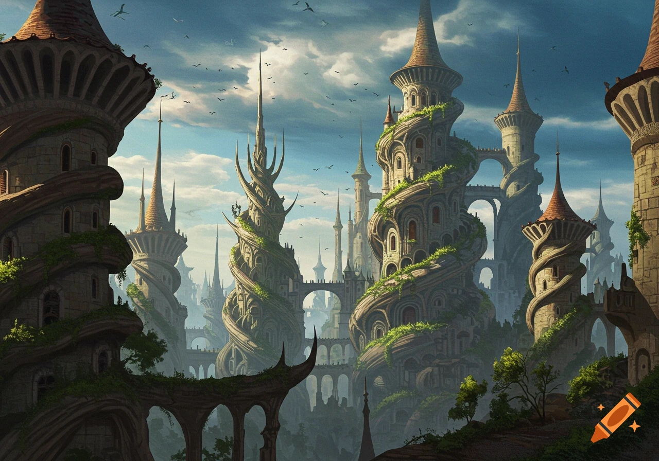 A fantasy city with tall, ornate towers wrapped in vines under a cloudy sky.