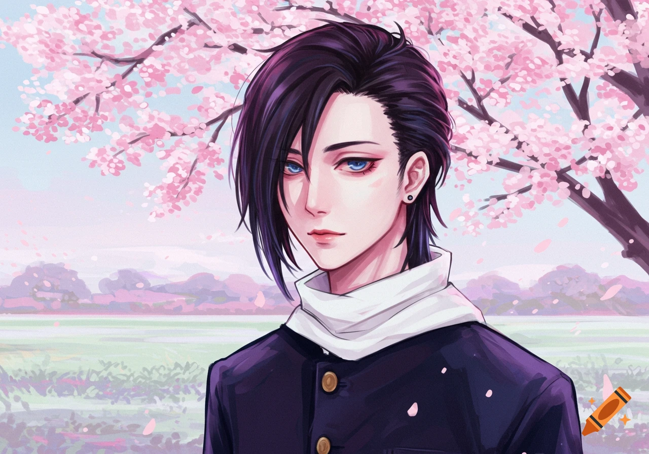 Anime portrait of a person with dark hair and blue eyes in front of cherry blossoms.