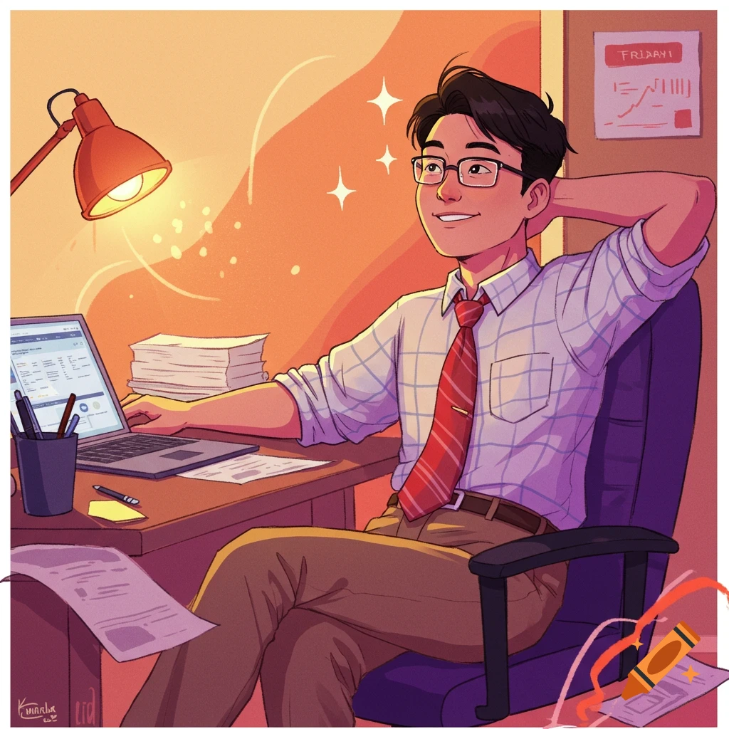 Illustration of a man in an office looking relaxed at his desk with a laptop and papers.