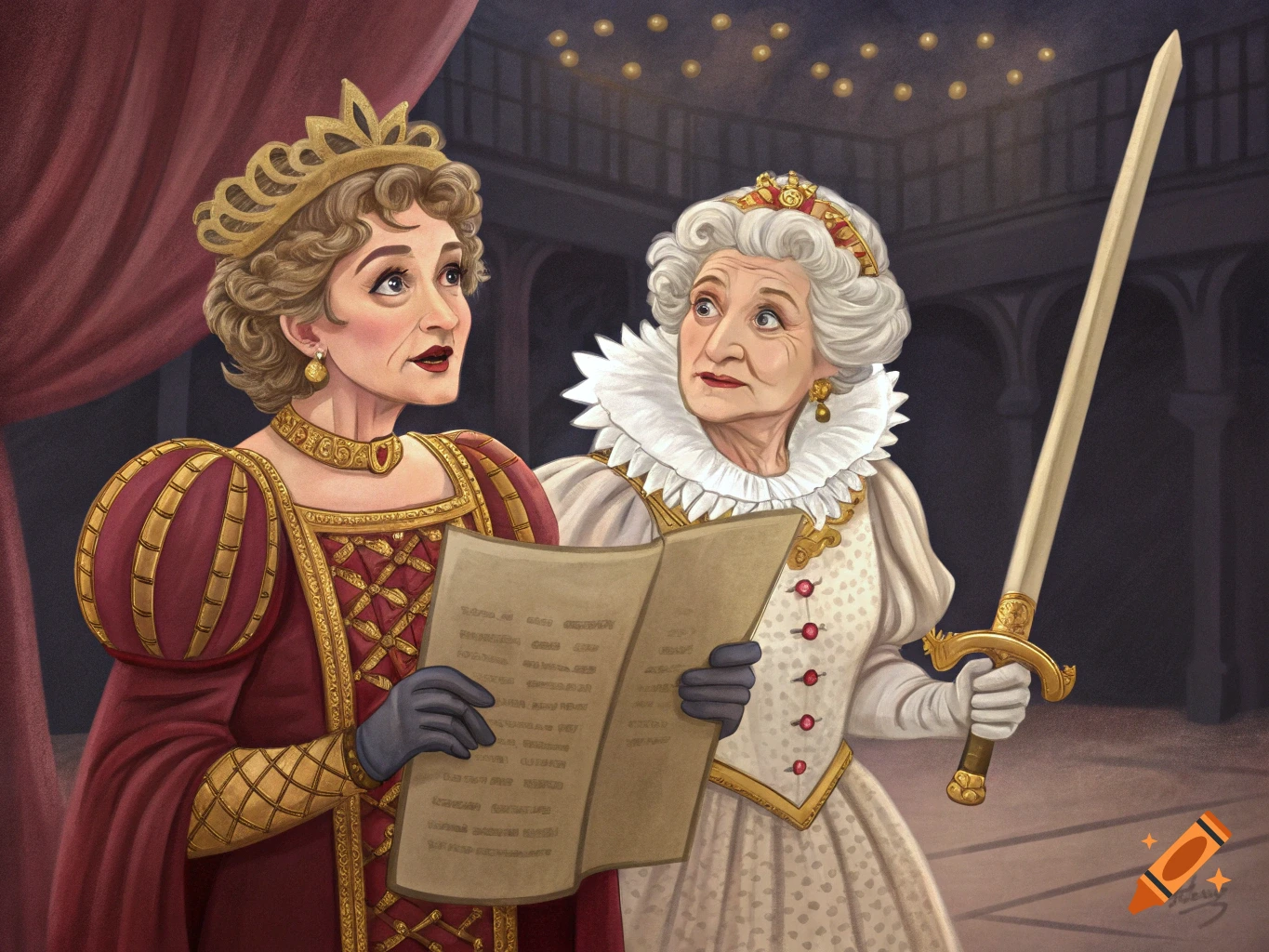 Two women in ornate historical costumes read a script on a stage.