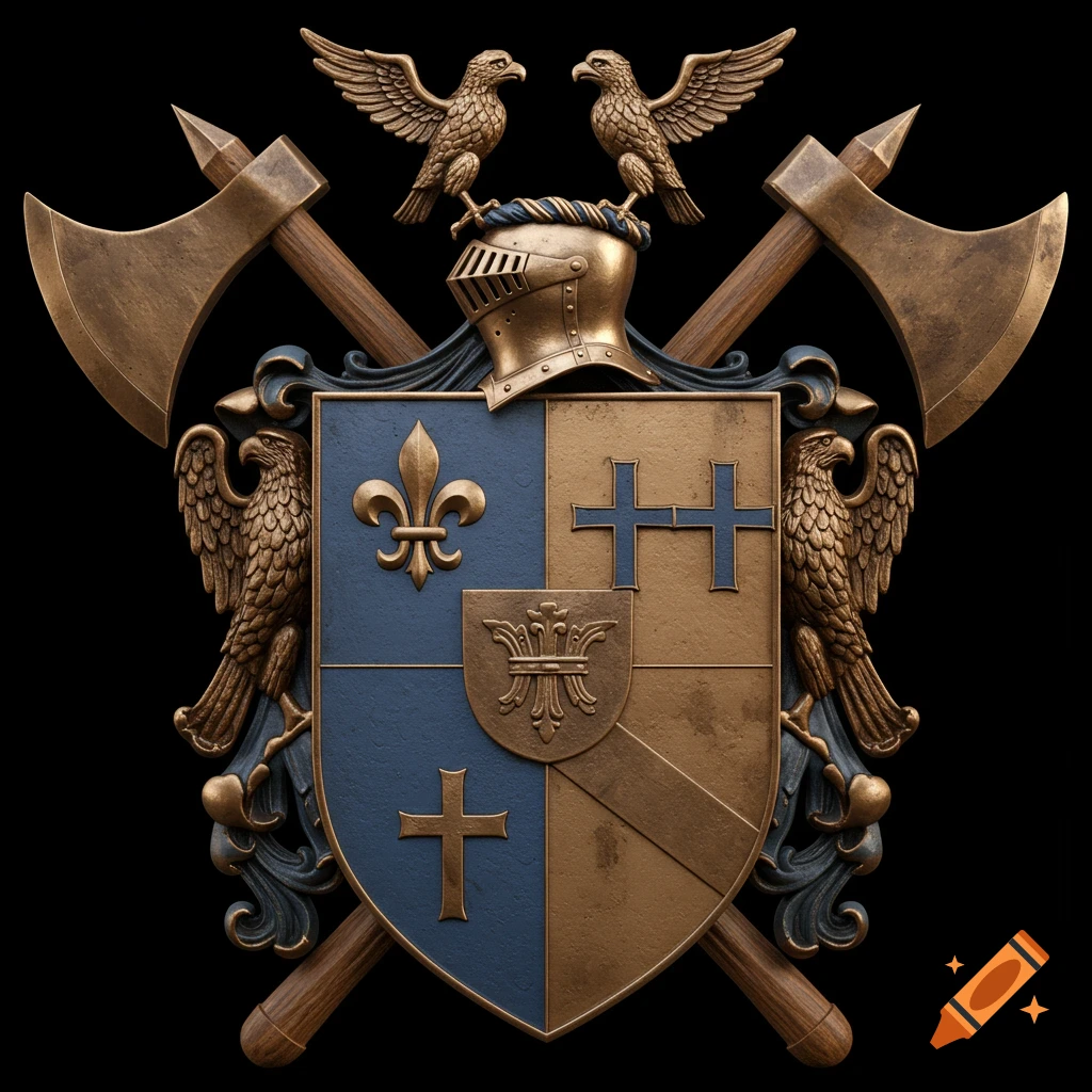 Bronze coat of arms with blue and gold shield, axes, eagles, helmet, fleur de lis, and crosses.
