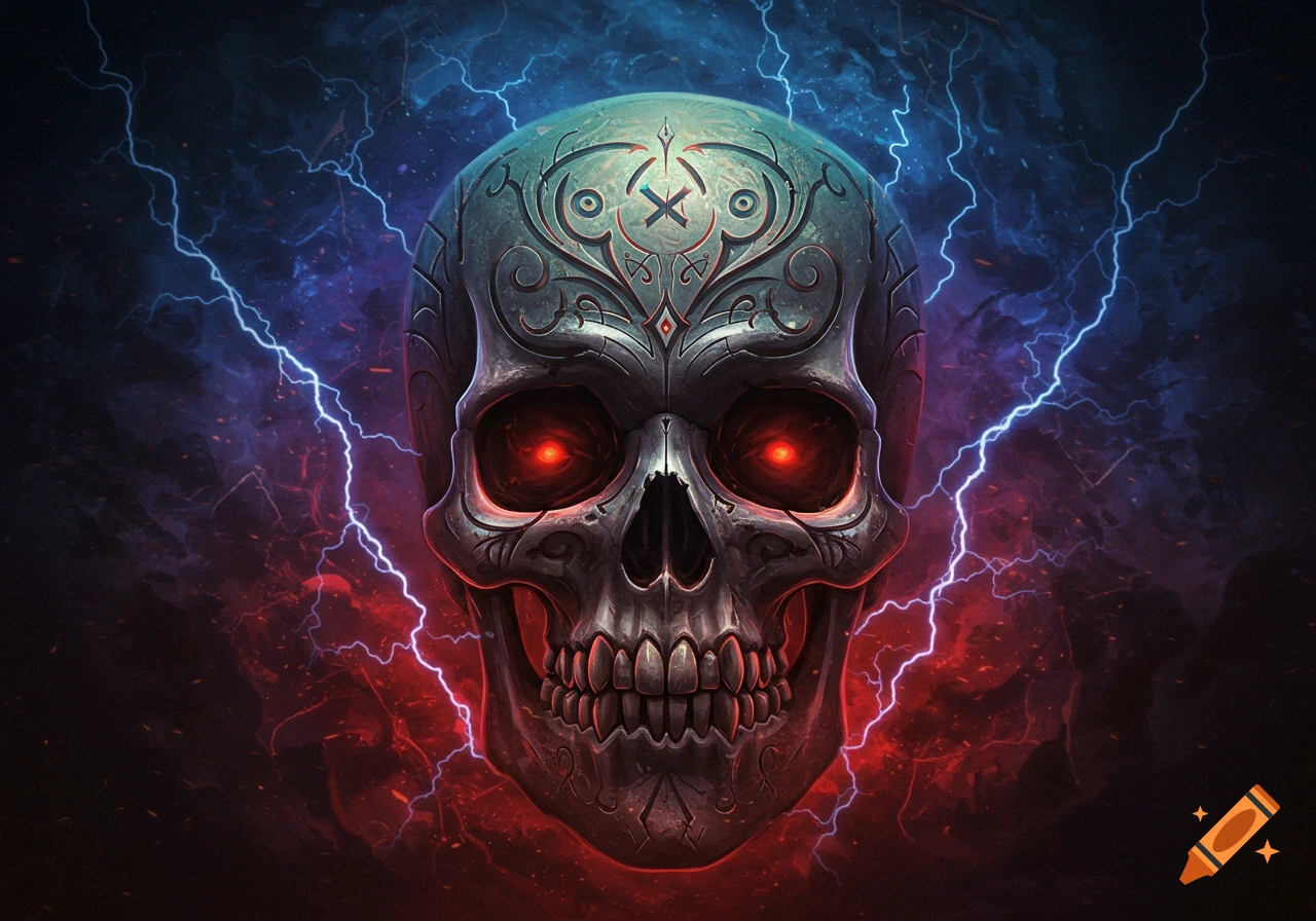 Stylized skull with glowing red eyes and lightning effects on a dark ...