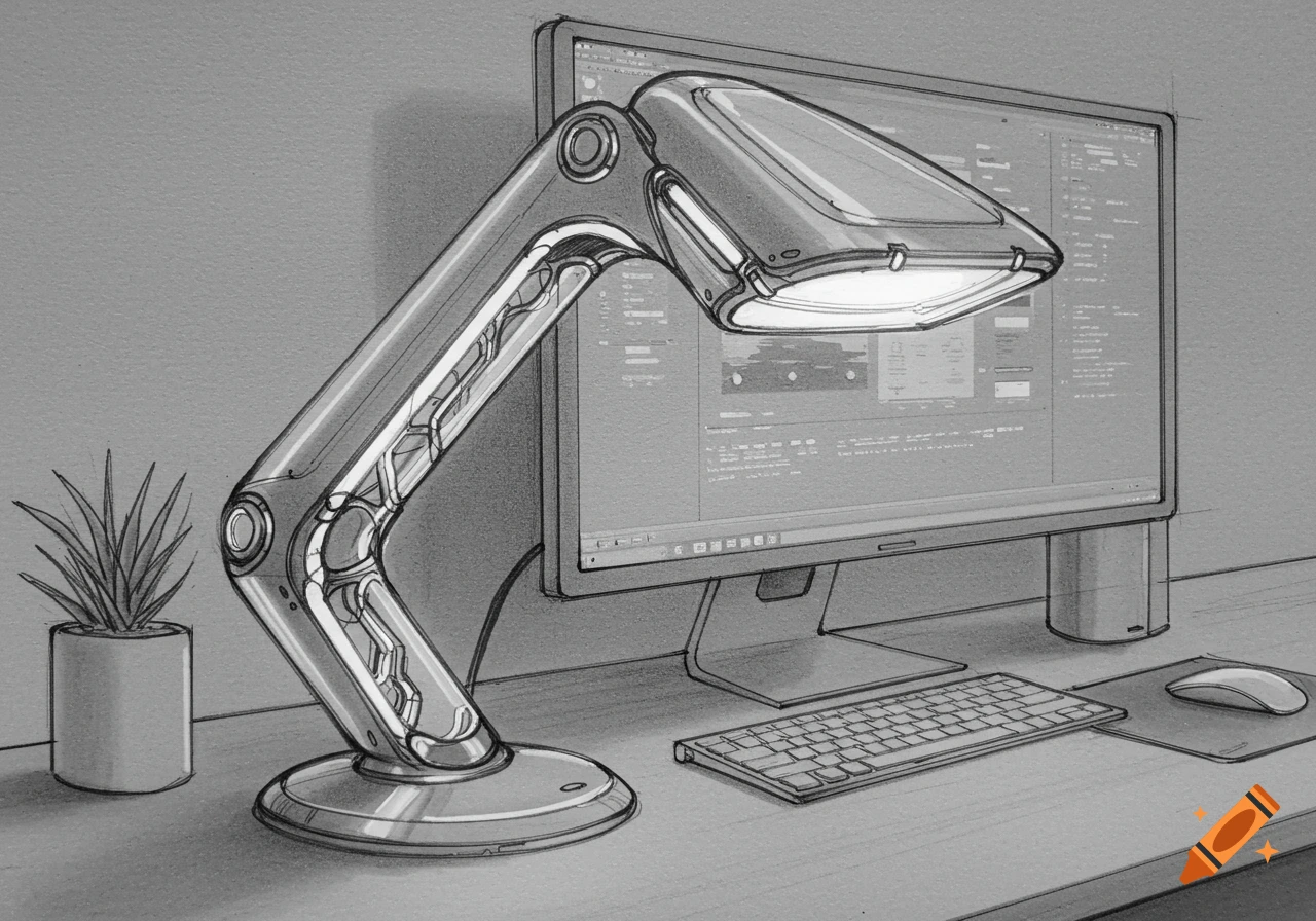 Pencil sketch of a futuristic desk setup with a sleek lamp, monitor, keyboard, mouse, and plant.