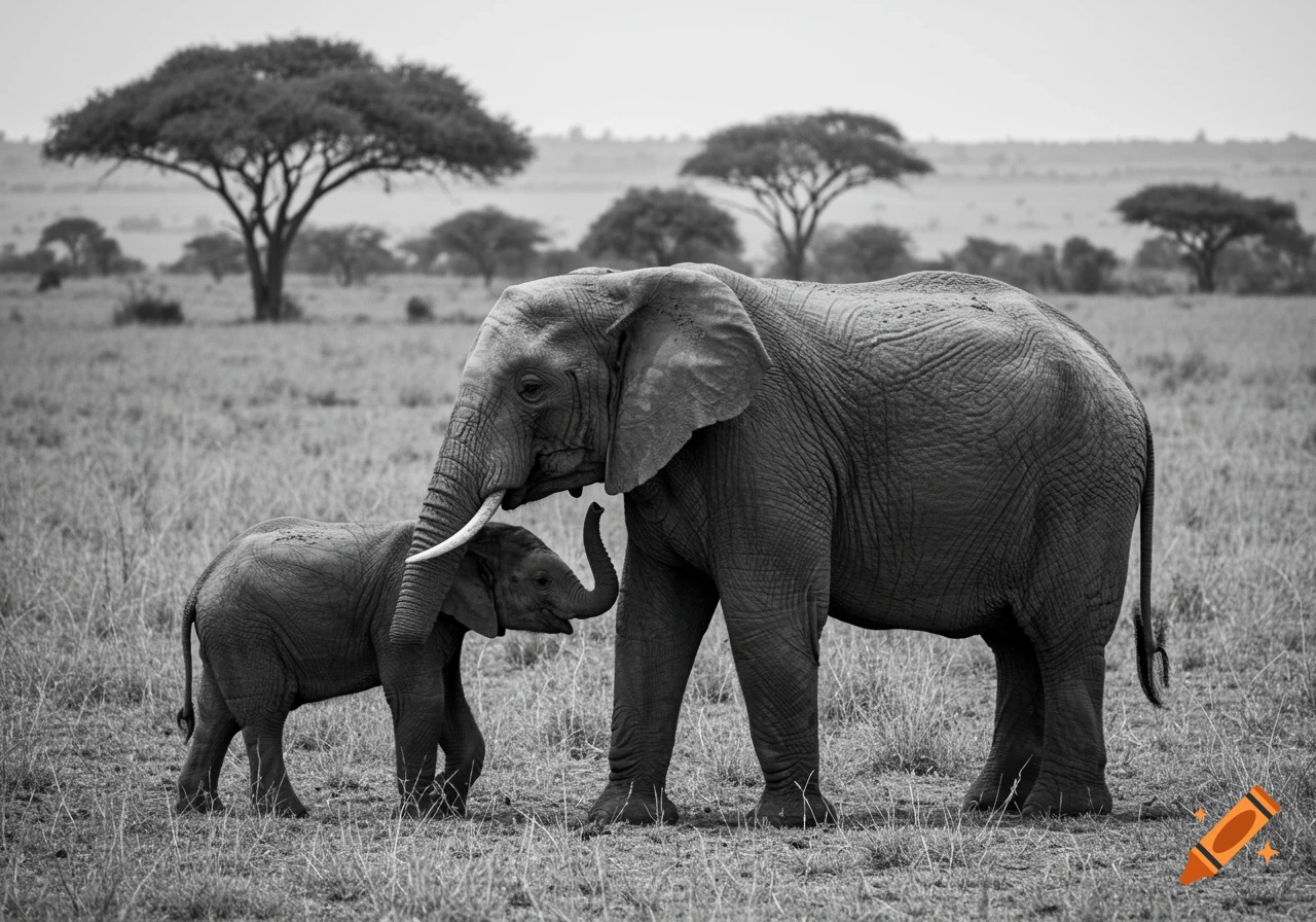 Black and white photo of an adult elephant standing next to a baby elephant in a grassy field.
