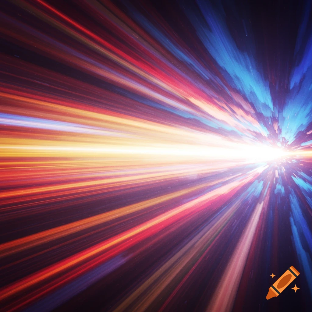 Abstract image of colorful light trails streaking towards a bright point.