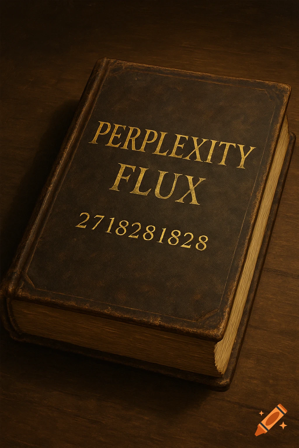 An old book with the words 'Perplexity Flux' and the number 2718281828 on the cover, on a wooden surface.