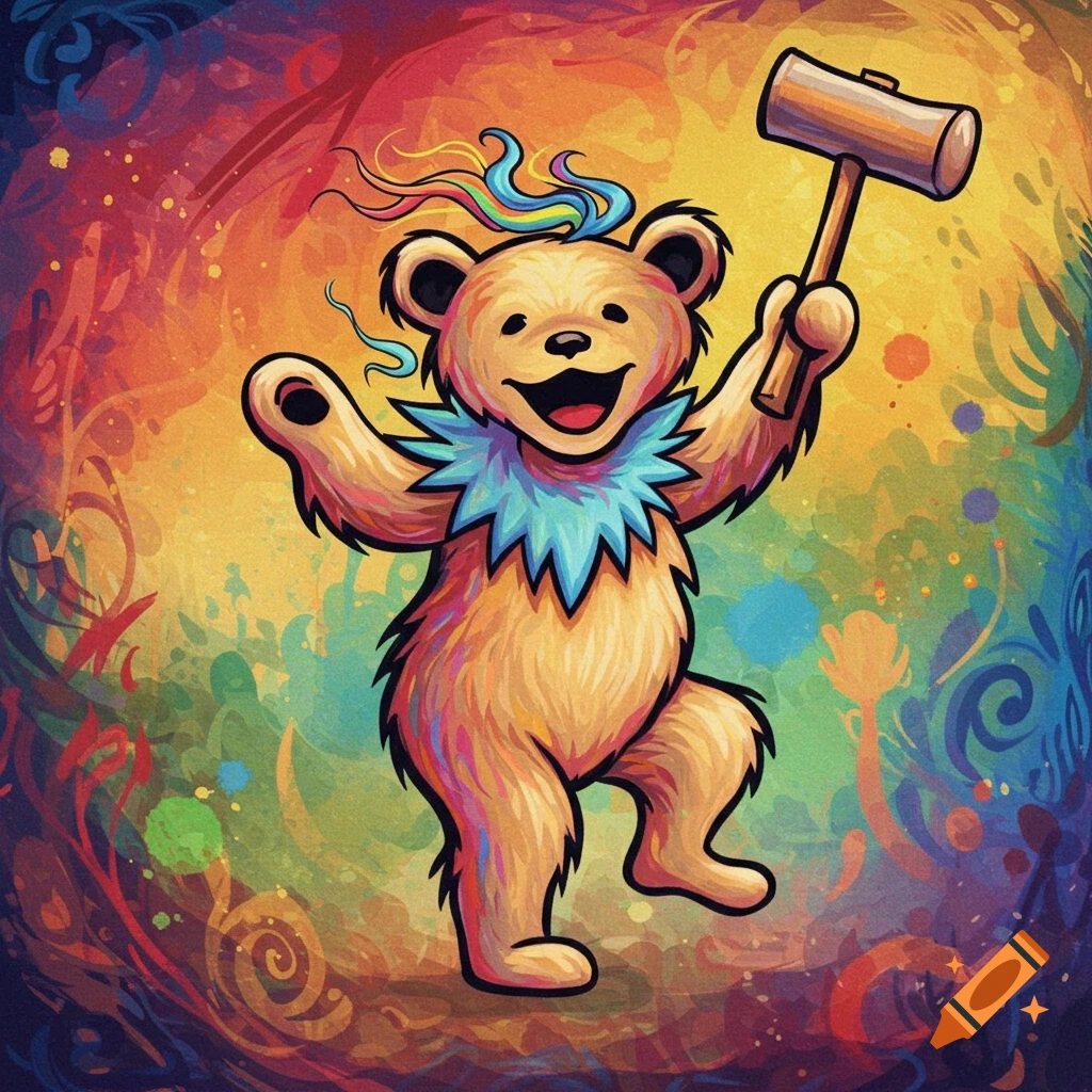 A colorful cartoon dancing bear holds a hammer against an abstract, vibrant background.