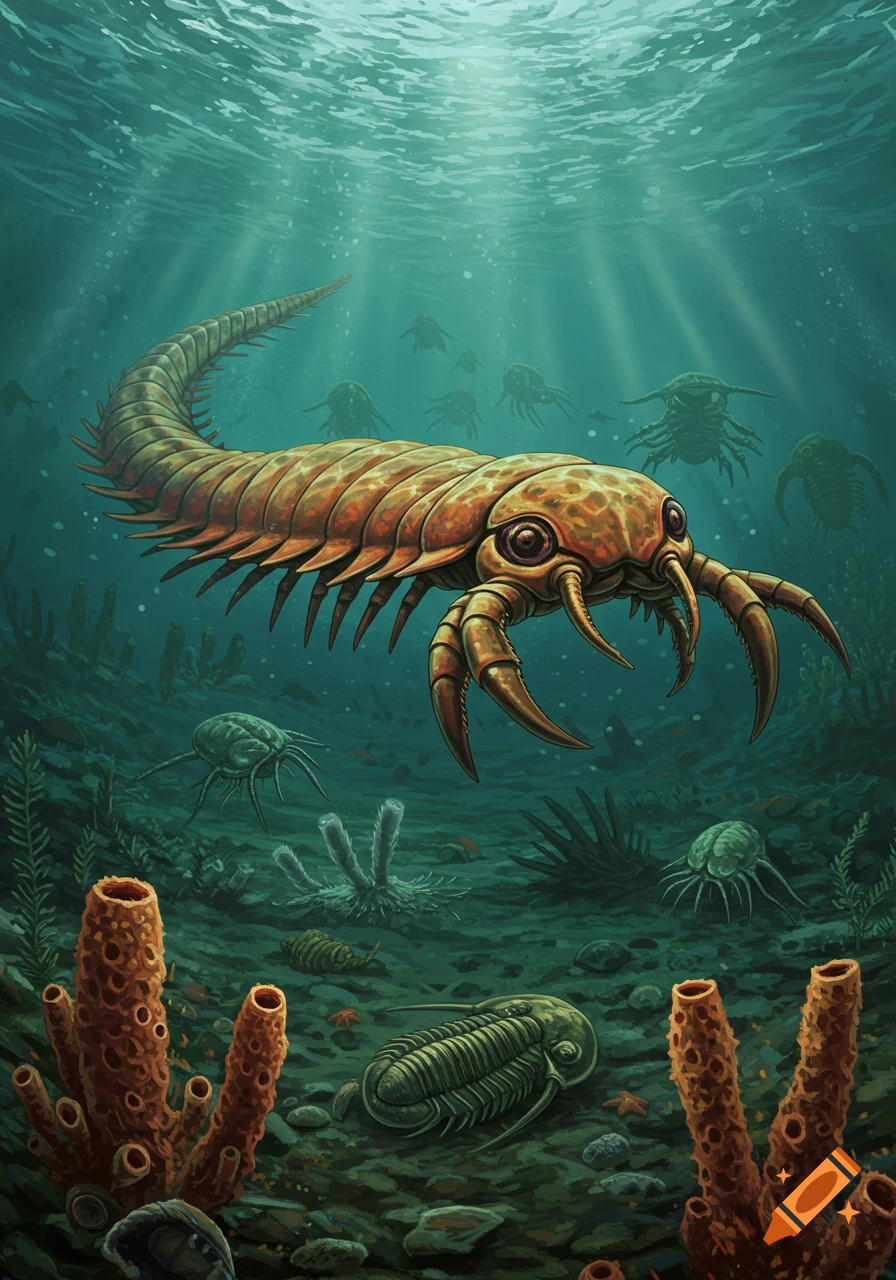 Illustration of an ancient arthropod swimming in a Cambrian sea with other invertebrates and sponges.