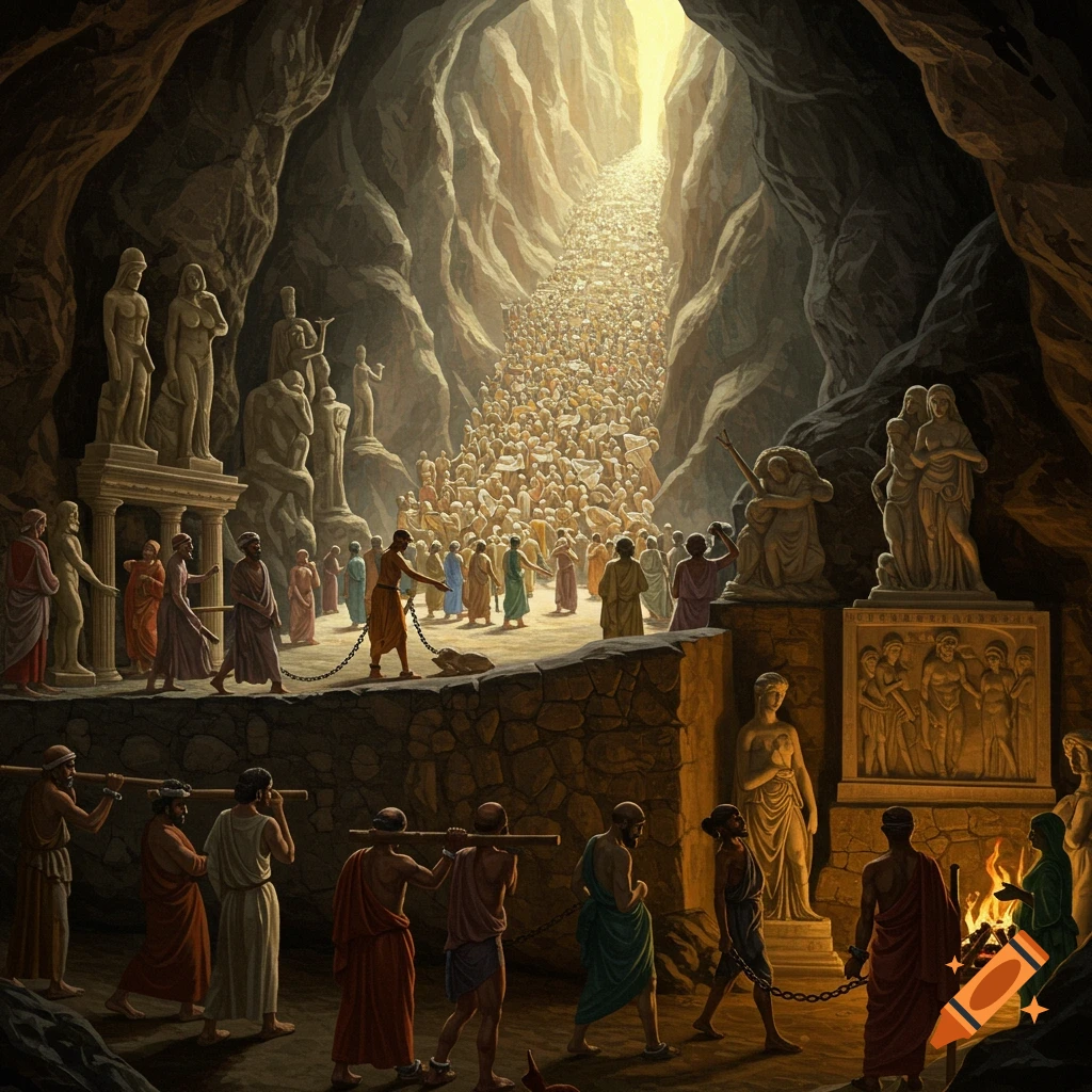 People chained in a dark cave look towards a bright entrance while figures carry objects behind a wall.