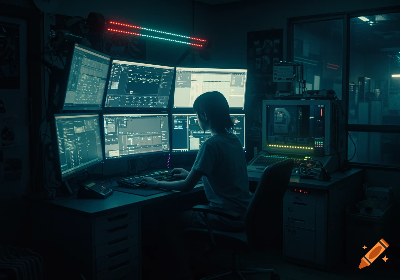A person works at a multi-monitor computer setup in a dimly lit cyberpunk room, graphic novel style.