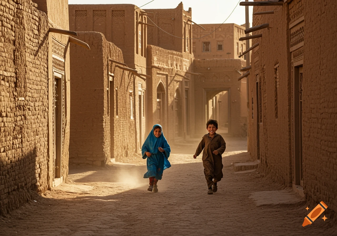 Two children run down a dusty street lined with mud-brick buildings