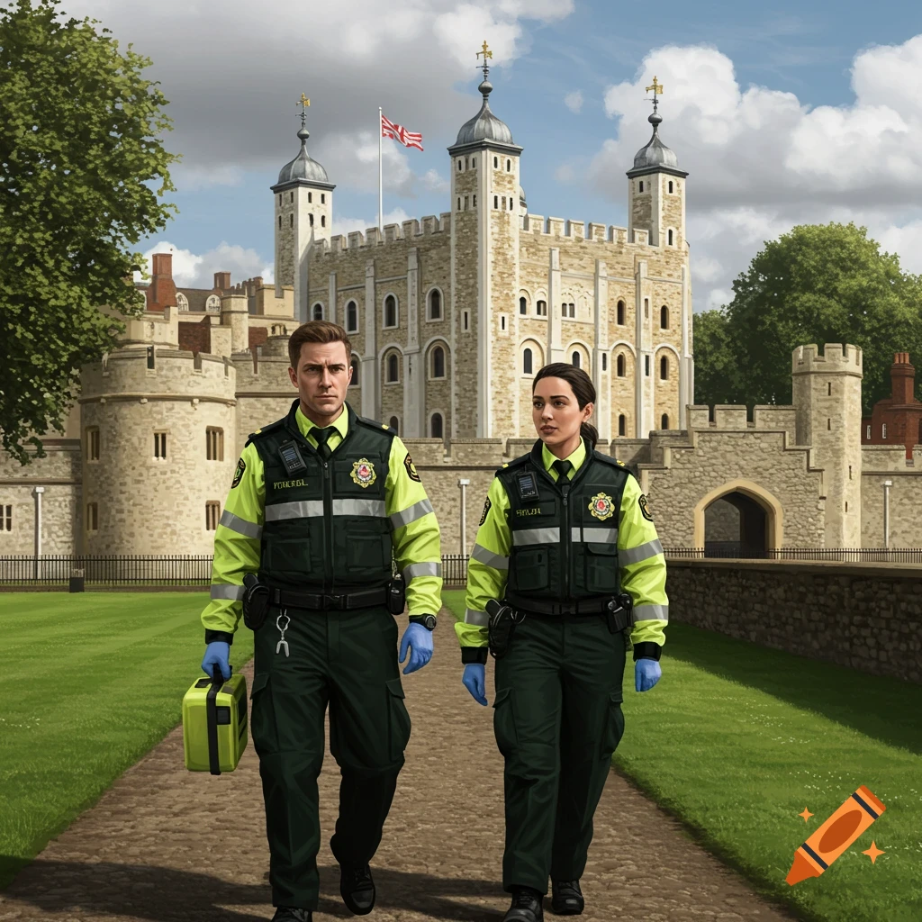 Two paramedics walk on a path in front of the Tower of London.