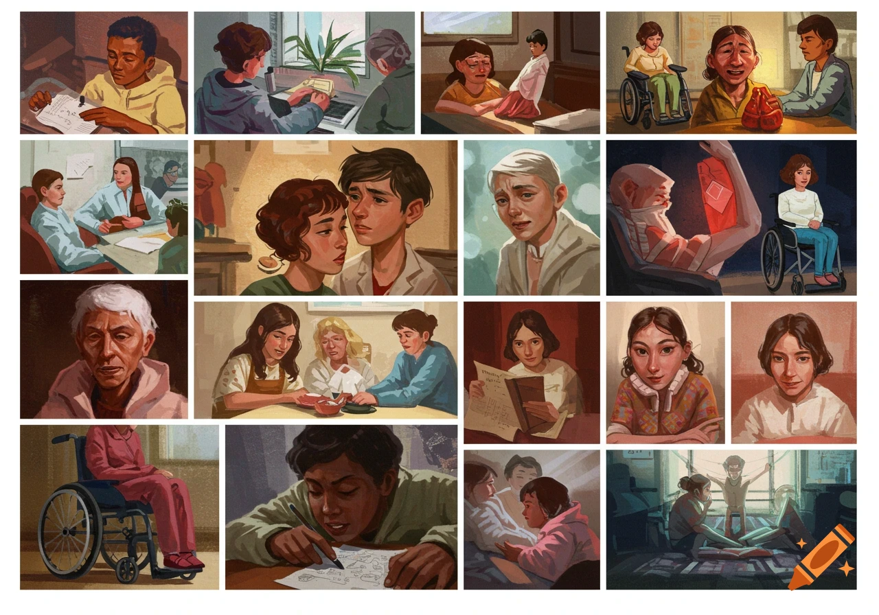 A grid of illustrated panels showing people, some in wheelchairs, interacting, studying, and in medical settings.