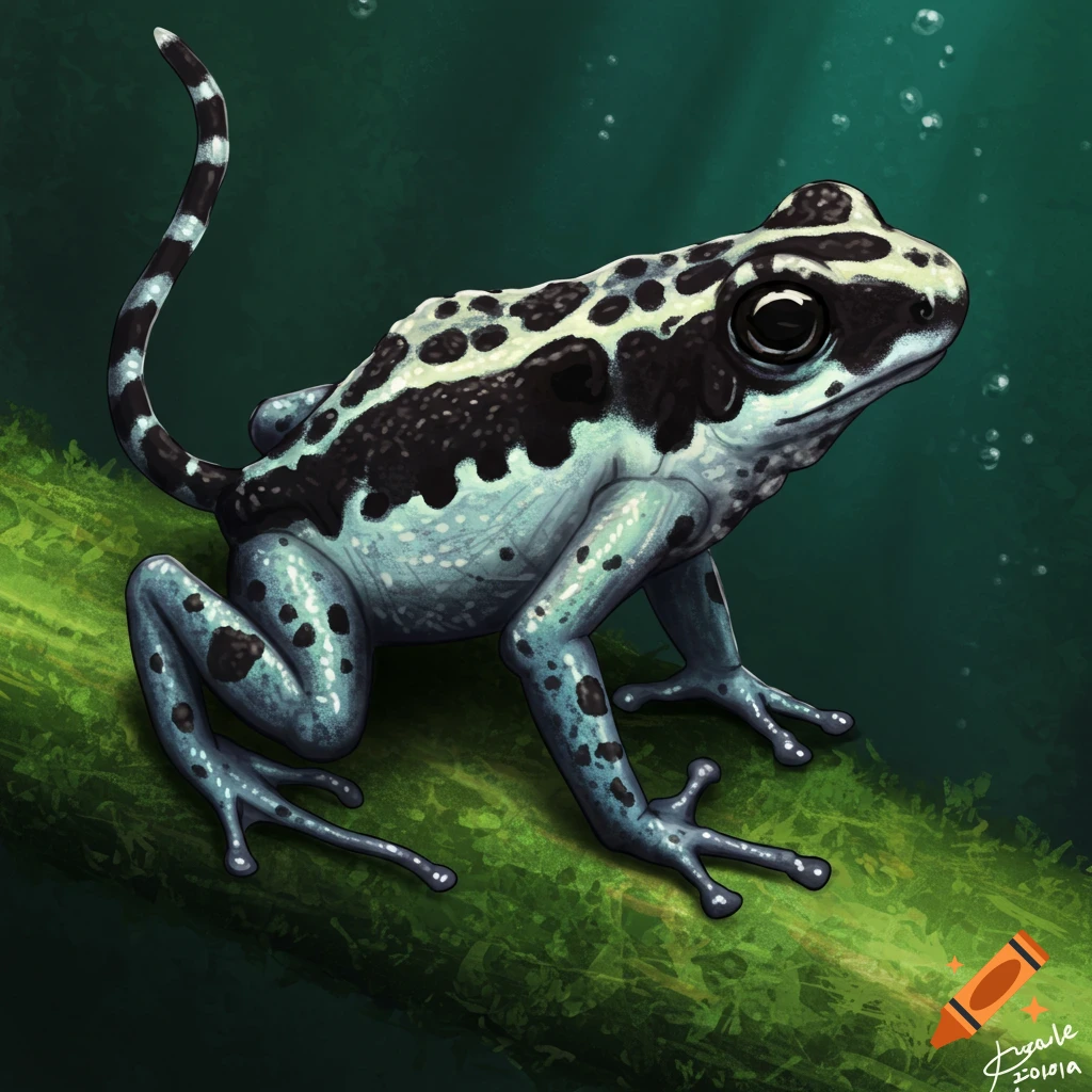 An illustration of a black and light blue spotted frog with a tail sitting on a log in water.